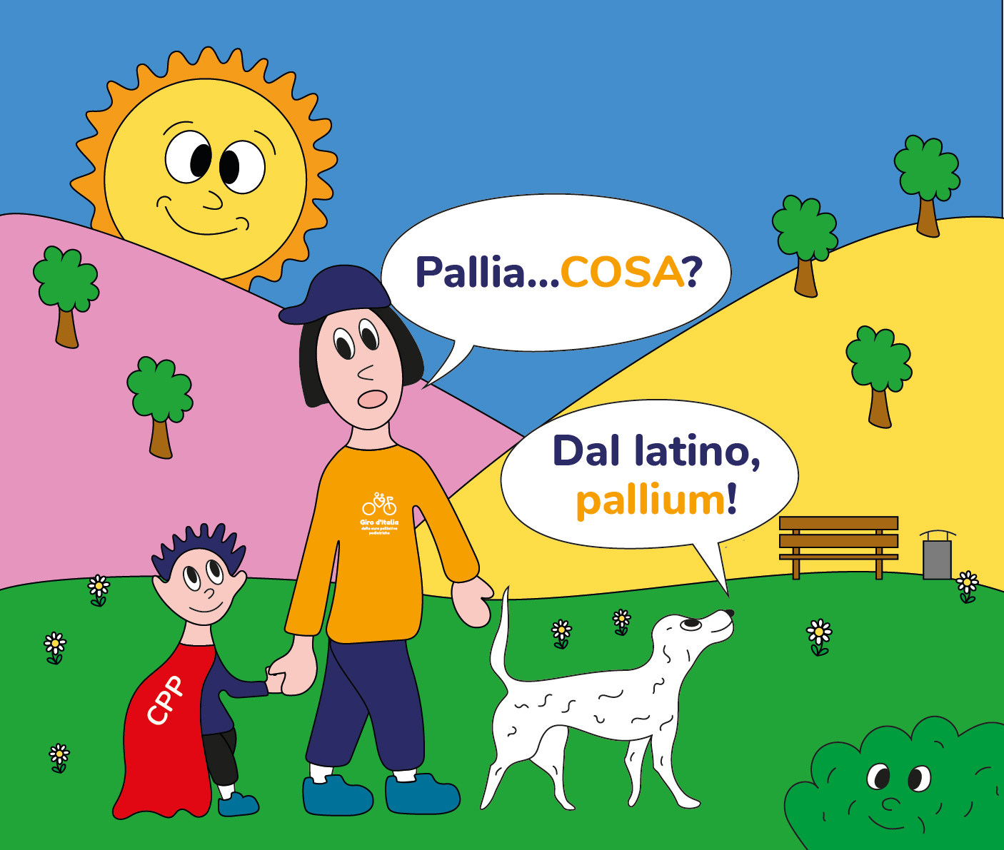 Bambino, adulto e cane camminano in un parco. L'adulto dice "Pallia..COSA?" e il cane risponde "Dal latino pallium"